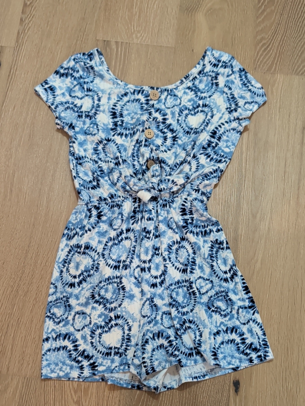 Girls' Blue Tie-Dye Romper with Faux Front Buttons